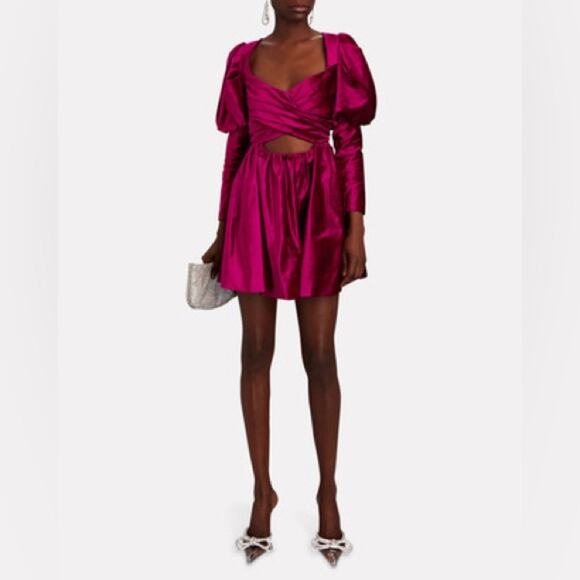 Alemais Rosario Long Puff Sleeve Cut Out Mini Dress Size 4 Fuchsia - Picture 2 of 7
